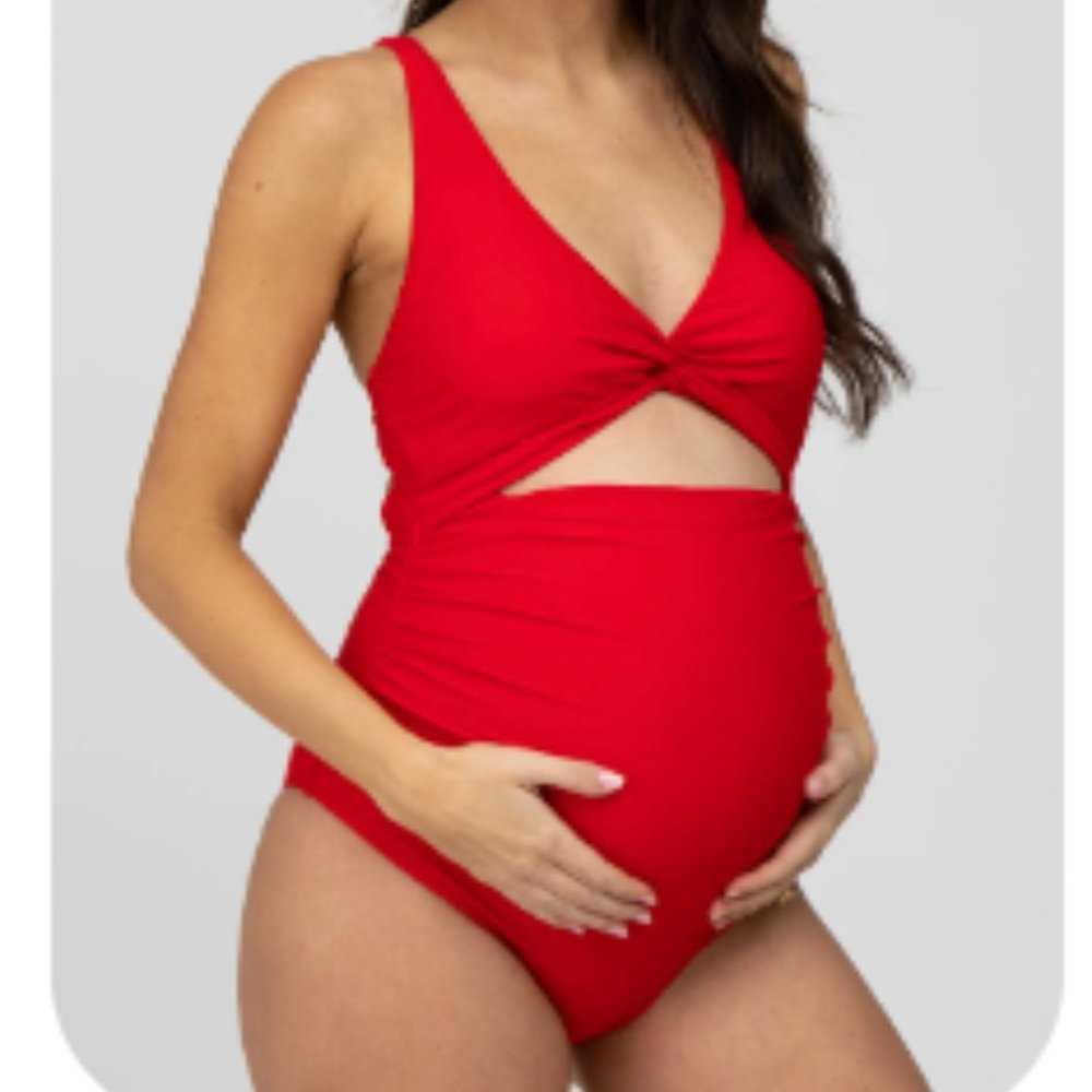 Red Ruched Sides Front Cutout Maternity One Piece Swimsuit